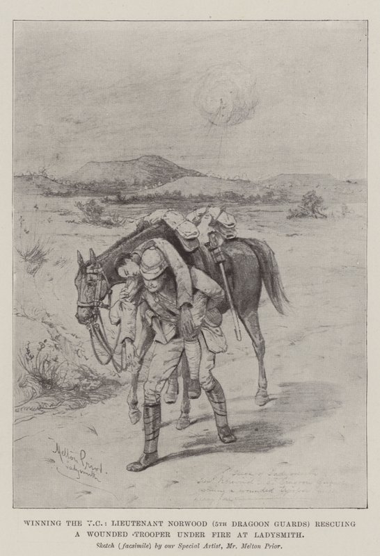 Het winnen van het VC, luitenant Norwood (5th Dragoon Guards) redt een gewonde soldaat onder vuur bij Ladysmith door Melton Prior