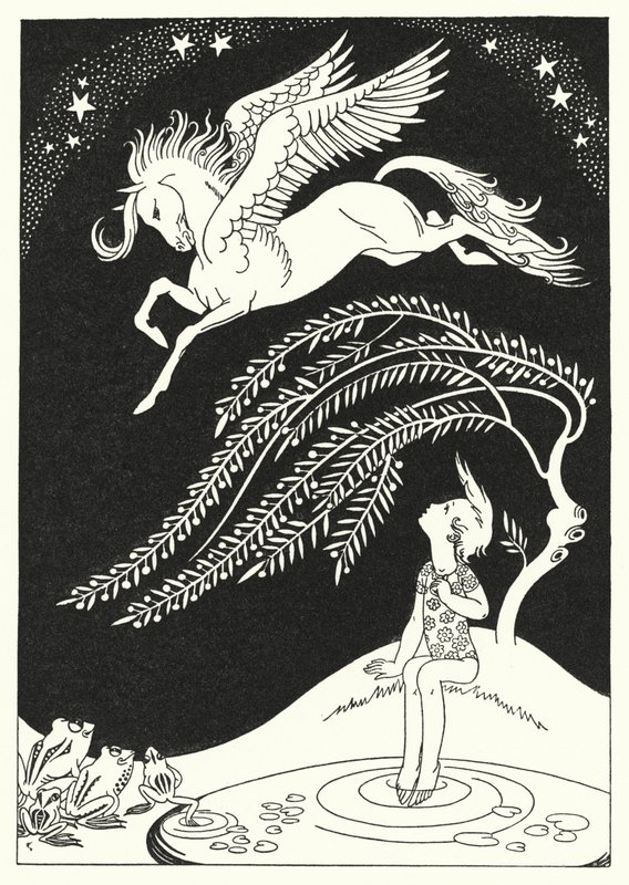 Pegasus kwam naar beneden, in wijde cirkels (kleur litho) door Merlyn Mann