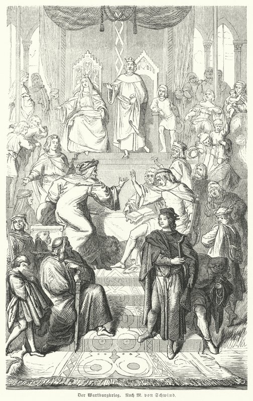 De Sangerkrieg, een wedstrijd tussen minstrelen op het Wartburg kasteel in Thüringen in 1207 (gravure) door Moritz Ludwig von (after) Schwind