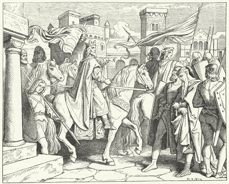 Karel de Grote betreedt Pavia, 774 (gravure) door Moritz Ludwig von Schwind