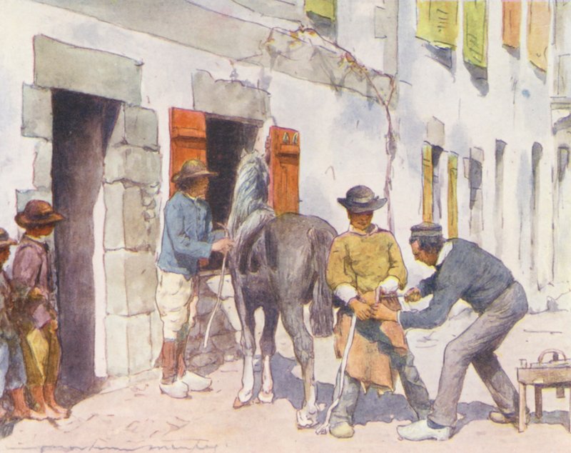 Buiten de smederij, Pont-Aven door Mortimer Ludington Menpes