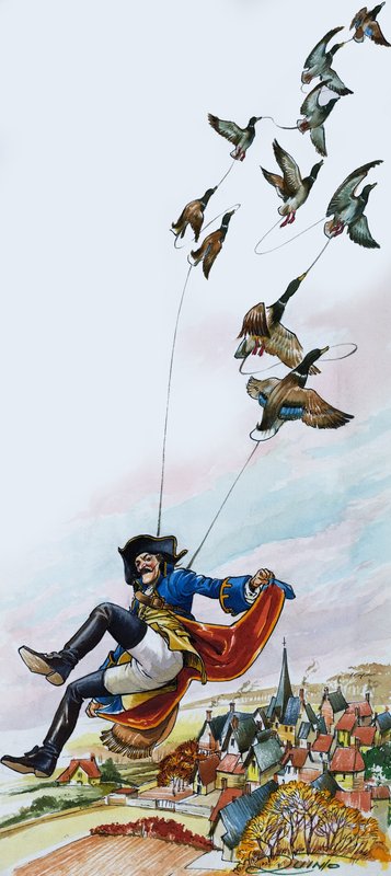 Baron van Munchausen wordt meegesleept door eenden (gouache op papier) door Nadir Quinto