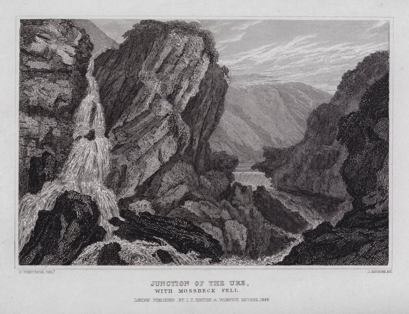 Kruising van de Ure, met Mossbeck Fell (gravure) door Nathaniel (after) Whittock