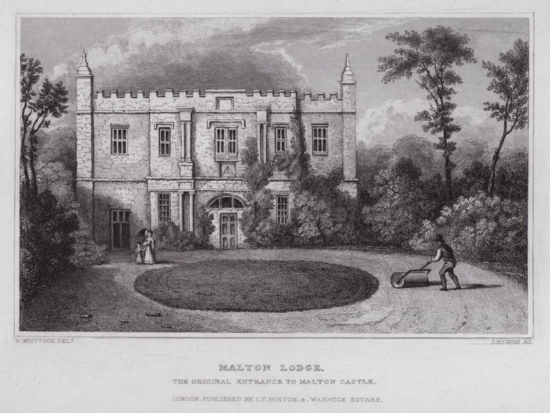 Malton Lodge, de oorspronkelijke ingang van Malton Castle door Nathaniel (after) Whittock