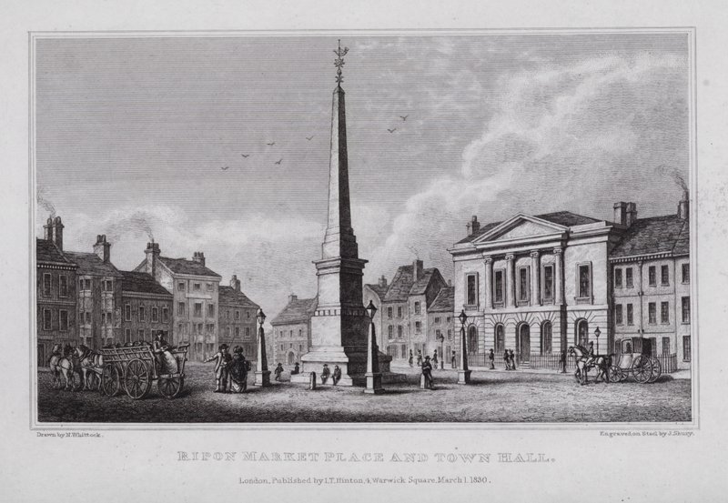 Ripon Marktplein en Stadhuis door Nathaniel (after) Whittock