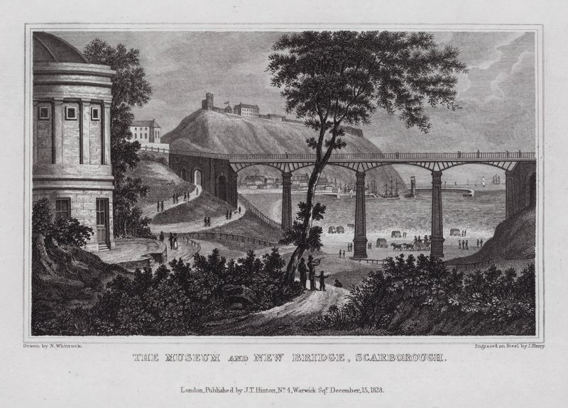 Het Museum en Nieuwe Brug, Scarborough door Nathaniel (after) Whittock