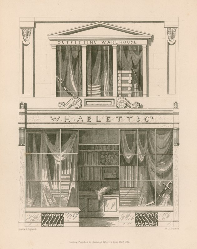 Winkelpui voor W H Ablett, Outfitting Warehouse, Cornhill, Londen door Nathaniel Whittock