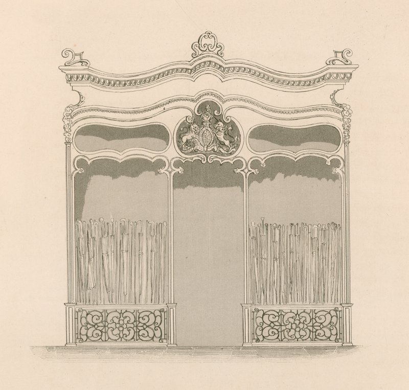 Winkelgevel in de Franse Louis XIV-stijl voor Messrs Sangster, paraplu- en stokhandelaren, Regent Street, Londen door Nathaniel Whittock