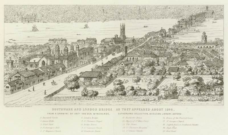 Southwark en London Bridge, zoals ze eruitzagen rond 1546 door Nathaniel Whittock