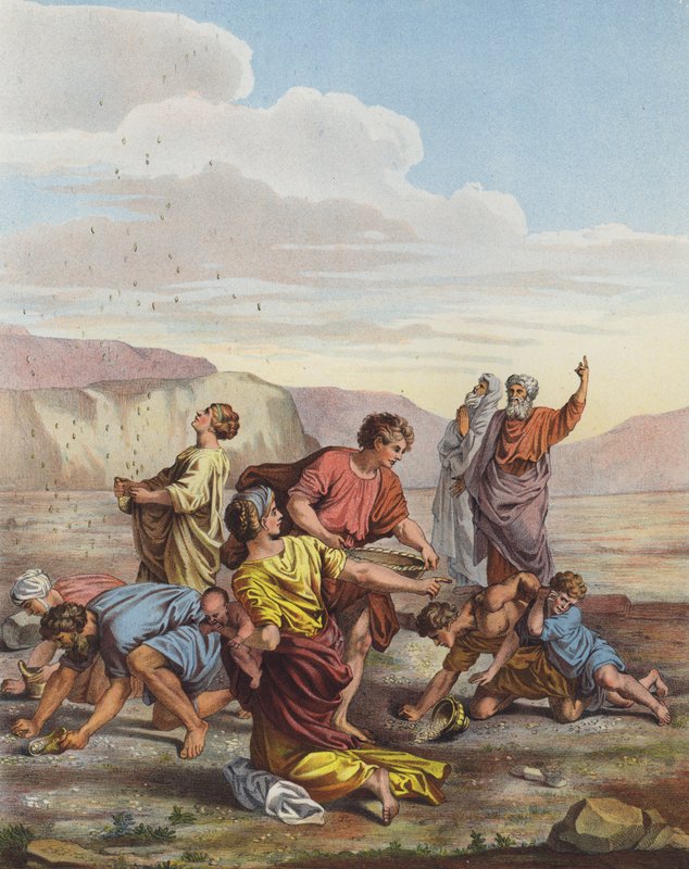 Hebreeën verzamelen manna uit de hemel in de woestijn door Nicolas Poussin