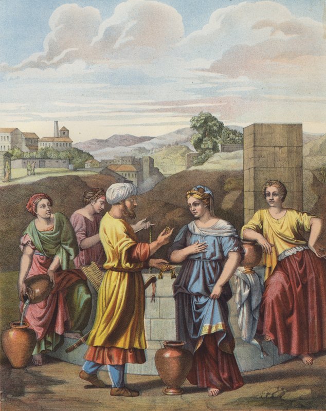 Eliezer en Rebecca bij de bron door after Nicolas Poussin