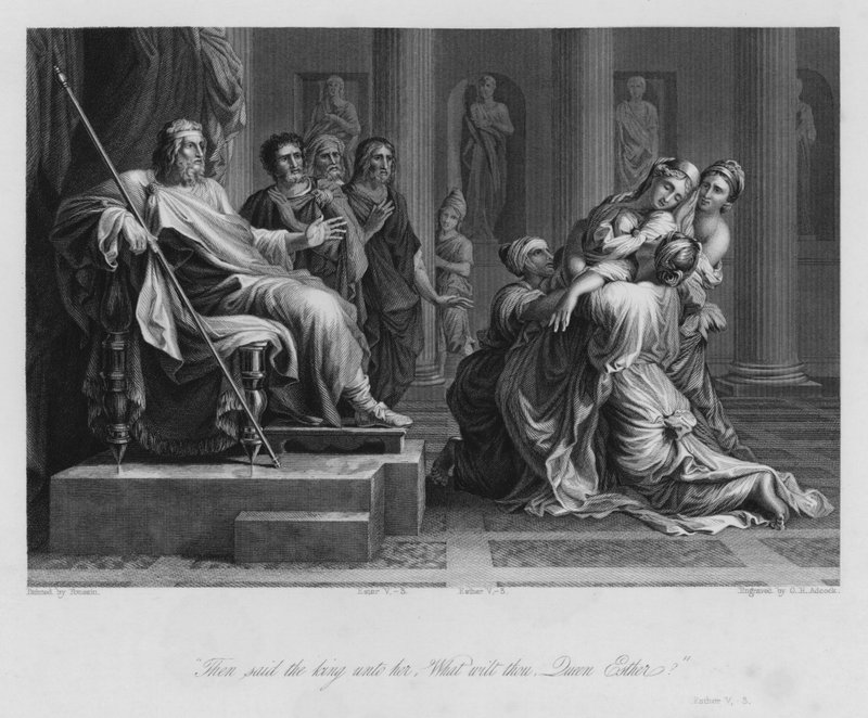 Esther voor Ahasveros, Esther V, 3 (gravure) door Nicolas (after) Poussin