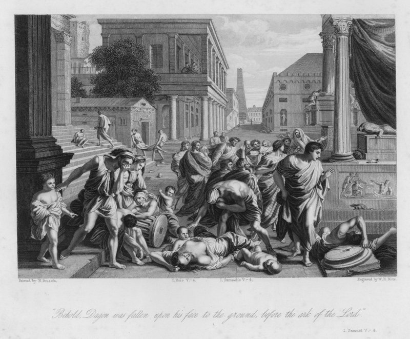 De val van Dagon, I Samuel V, 4 (gravure) door Nicolas (after) Poussin