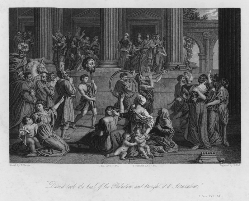 De Triomf van David, I Samuel XVII, 54 door Nicolas (after) Poussin