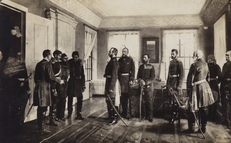 De gevangen Ottomaanse Generaal Osman Pasha gepresenteerd aan Tsaar Alexander II van Rusland na overgave bij het Beleg van Pleven, Russisch-Turkse Oorlog van 1877-1878 door Nikolai Dmitrievich Dmitriev-Orenburgsky