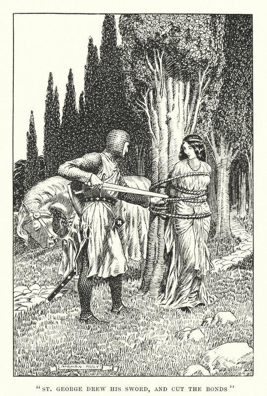 "Sint Joris trok zijn zwaard en sneed de banden door" (litho) door Norman Ault