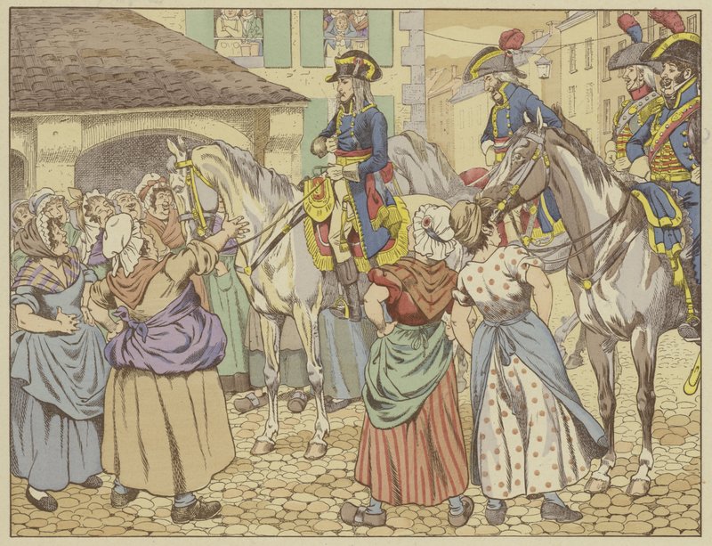 In Parijs in 1795 tijdens een hongersnood, verweet een visvrouw Napoleon dat hij dik werd ten koste van het volk. Glimlachend antwoordde hij: Kijk naar mij en zeg wie van ons tweeën de dikste is? (kleur litografie) door Onfray de Breville Job