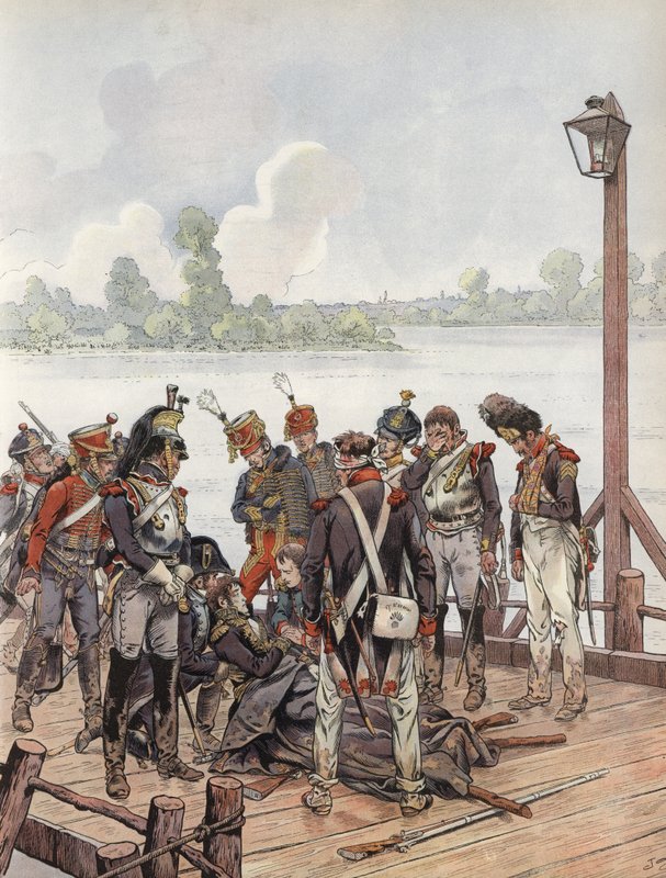 Jean Lannes, dodelijk gewond bij de Slag bij Aspern-Essling, met Napoleon, 1809 door Onfray de Breville Job