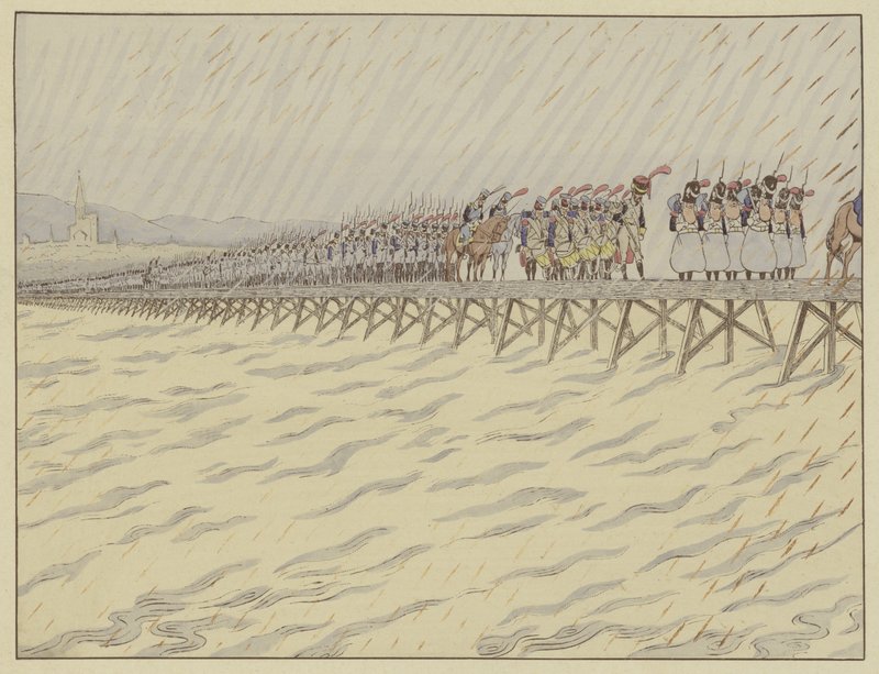 Napoleon en zijn leger steken de Rijn over bij Kehl, 1 oktober 1805 door Onfray de Breville Job