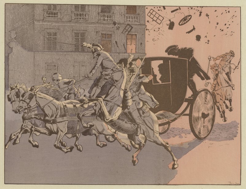 Napoleon ontsnapt op wonderbaarlijke wijze aan de explosie van een bom, de machine infernale, op de Rue Saint-Nicaise, Parijs, 24 december 1800 door Onfray de Breville Job