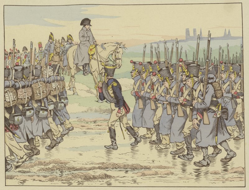 Napoleon kijkt toe terwijl het laatste contingent van het leger in de Franse campagne voorbij marcheert nabij Reims, 16 maart 1814 door Onfray de Breville Job