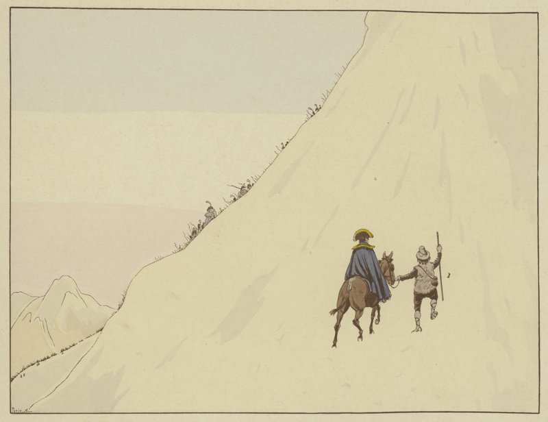 Napoleon passeerde de Mont St Bernard op een muilezel, geleid door een jonge man die hij royaal beloonde, 16 mei 1800 door Onfray de Breville Job