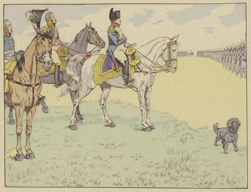 Napoleon inspecteert het Franse leger na het ondertekenen van de Verdragen van Tilsit, 7 juli 1807 door Onfray de Breville Job