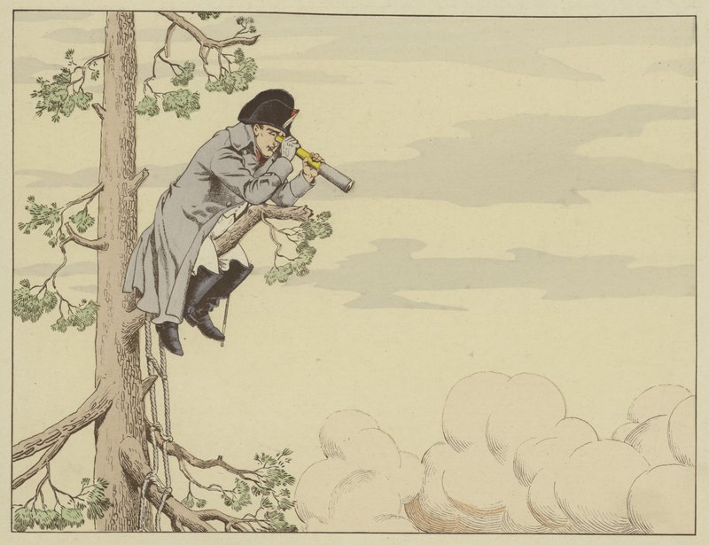 Napoleon kijkt naar de Slag bij Aspern-Essling vanaf de top van een boom op het eiland Lobau, 22 mei 1809 door Onfray de Breville Job