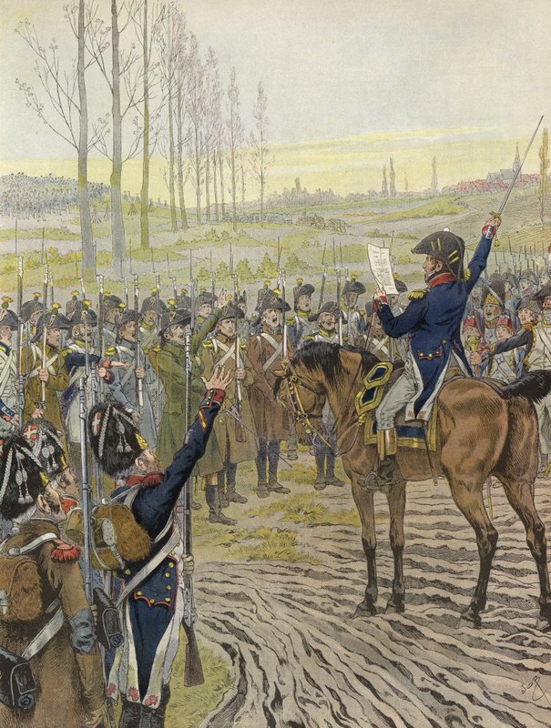 De woorden van Napoleon worden voorgelezen aan enkele van zijn troepen tijdens de Rijncampagne, 1805 door Onfray de Breville Job