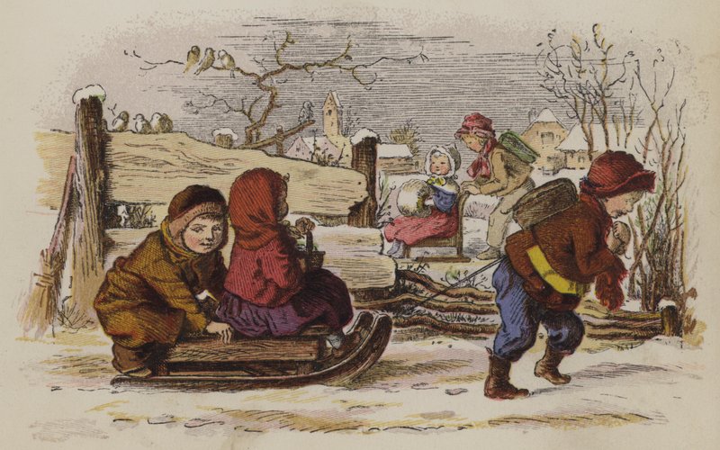 Kinderen spelen met een slee in de sneeuw door Oskar Pletsch