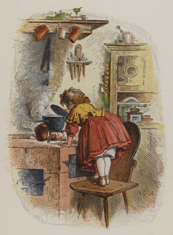 Klein meisje dat in een pan op een fornuis kijkt (kleur litho) door Oskar Pletsch
