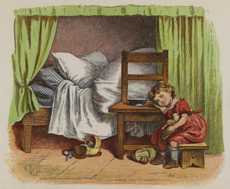 Klein meisje zittend naast haar bed (kleur litho) door Oskar Pletsch