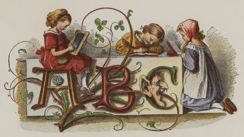 Drie meisjes oefenen hun schrijven (kleur litho) door Oskar Pletsch