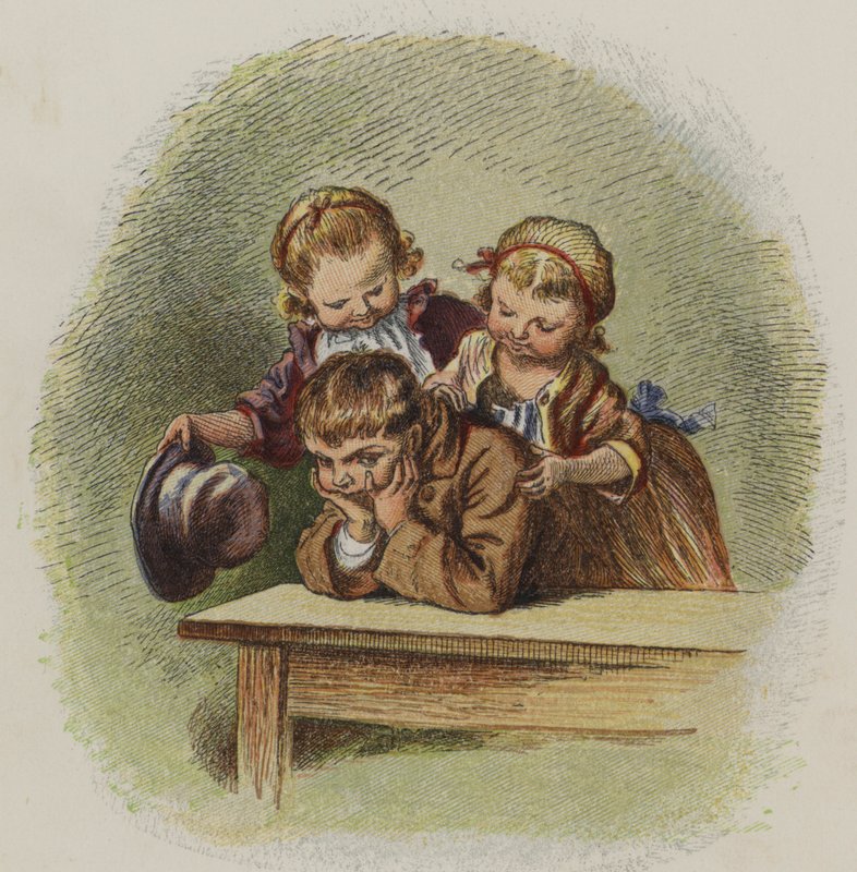 Twee kleine meisjes proberen een chagrijnige jongen op te vrolijken door Oskar Pletsch