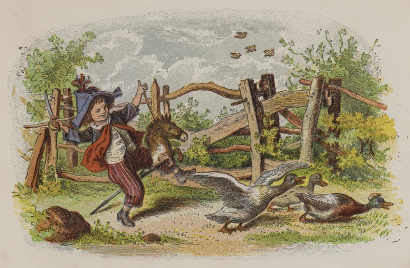 Jonge jongen die op zijn stokpaard speelt en een groep ganzen bang maakt (kleur litho) door Oskar Pletsch
