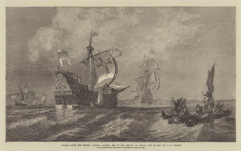 Drake neemt de Spaanse galei Capitana, een van de Armada, mee naar Torbay, 22 juli 1588, in de tentoonstelling van de Society of Painters in Water-Colours door Oswald Walters Brierly