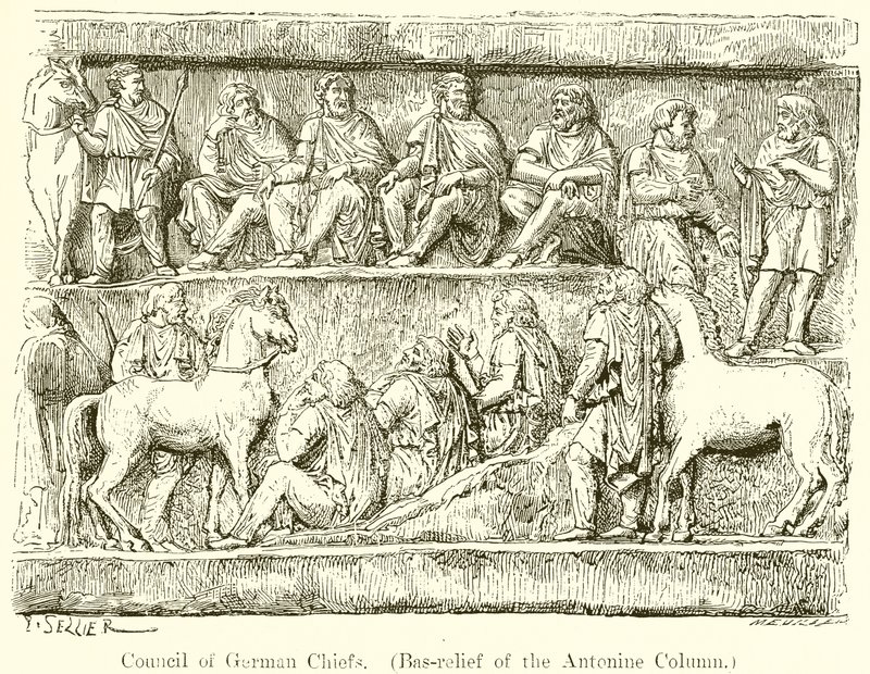 Raad van Duitse stamhoofden. (Bas-reliëf van de Antonijnse zuil) door P. Sellier