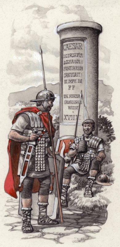 Een Romeinse mijlpaal (gouache op papier) door Pat (1907-95) Nicolle