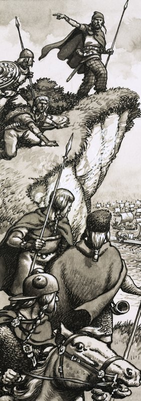 Britten kijken naar de aankomst van de Romeinse legioenen door Pat (1907-95) Nicolle