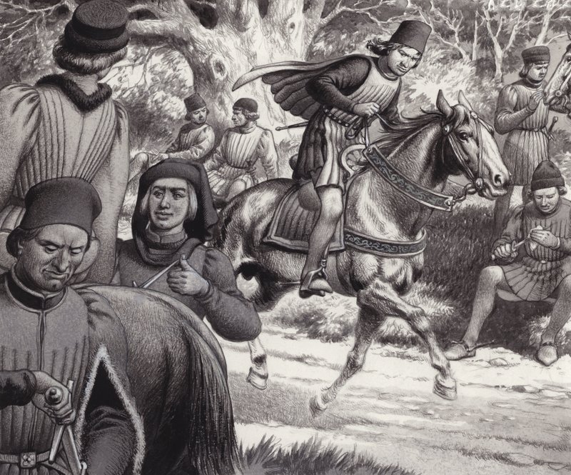 Samenzweerders kijken toe als Lorenzo de Medici voorbij rijdt (gouache op papier) door Pat (1907-95) Nicolle