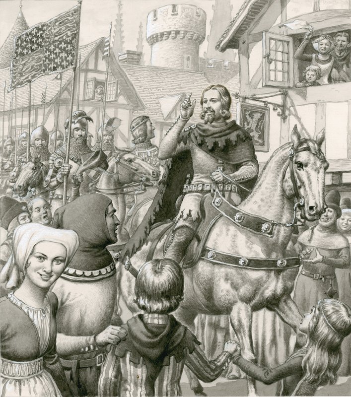 De triomfantelijke thuiskomst van Edward III (gouache op papier) door Pat (1907-95) Nicolle