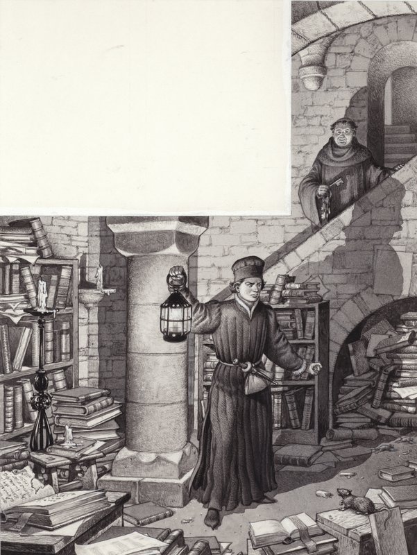 Poggio Bracciolini in de verwaarloosde bibliotheek van het klooster van St Gall (gouache op papier) door Pat (1907-95) Nicolle