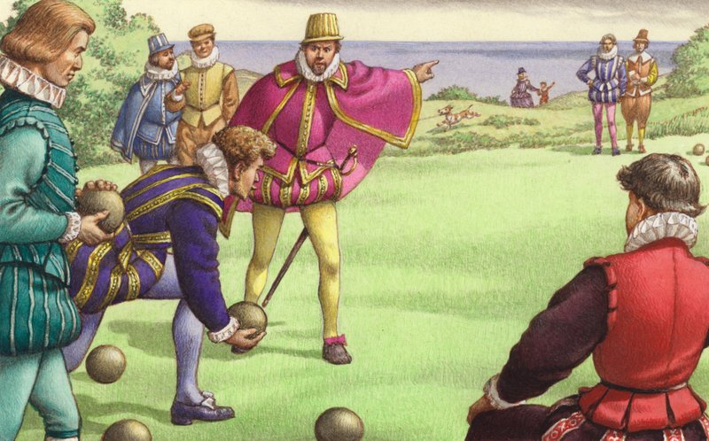Sir Francis Drake speelt bowls voor de aankomst van de Spaanse Armada (gouache op papier) door Pat (1907-95) Nicolle