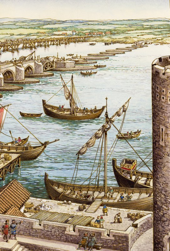 De bouw van de nieuwe London Bridge (gouache op papier) door Pat (1907-95) Nicolle