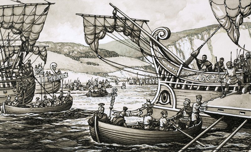 De Romeinen onder Julius Caesar landden in 55 voor Christus bij Dover na een grimmige strijd door Pat (1907-95) Nicolle