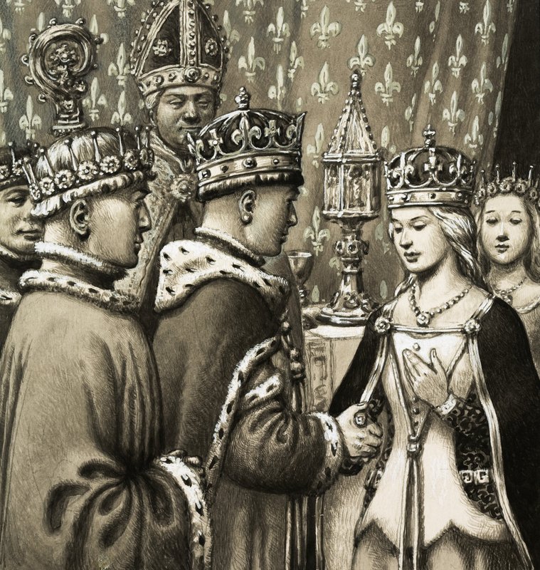 Het huwelijk van koning Hendrik V en prinses Katherine van Frankrijk door Pat (1907 95) Nicolle