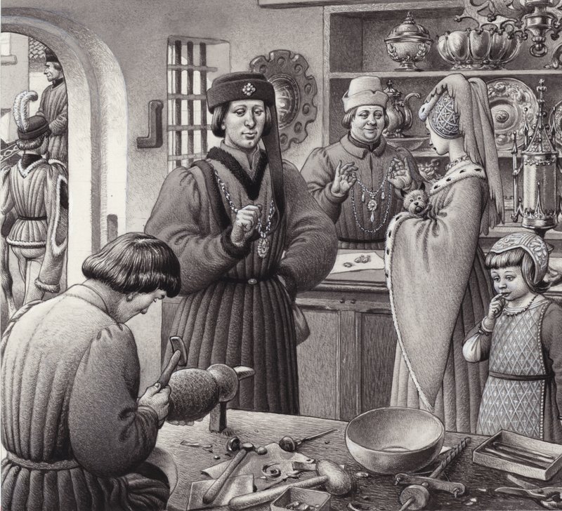 Een goudsmederij in 15e eeuws Italië (gouache op papier) door Pat (1907 95) Nicolle