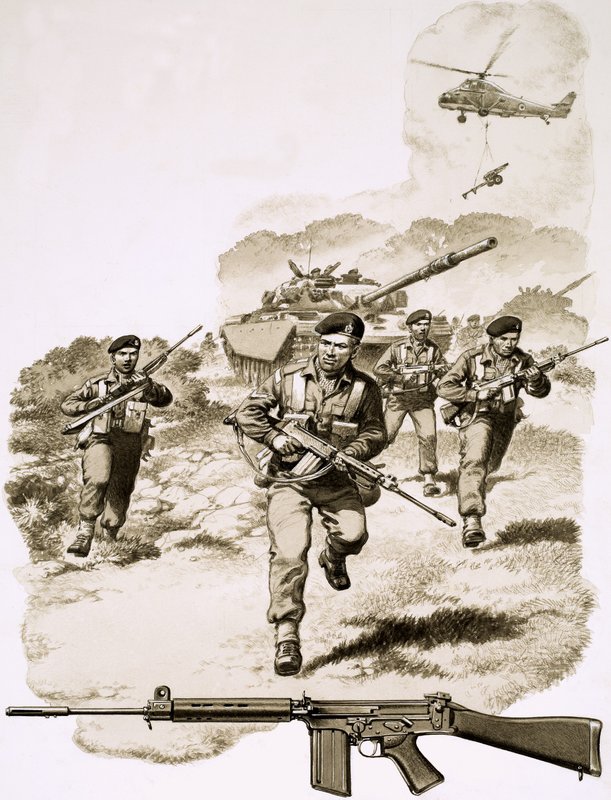 Britse infanterie met het SLR-geweer door Pat (1907 95) Nicolle