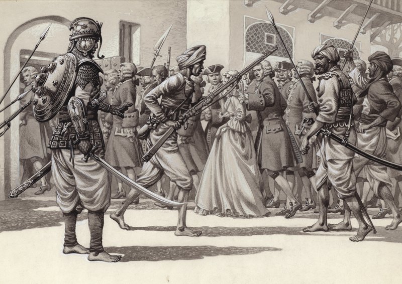 Britse soldaten worden gedwongen in het zwarte gat van Calcutta (gouache op papier) door Pat (1907-95) Nicolle