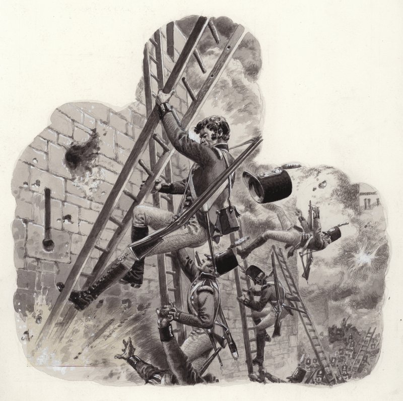 Britse soldaten onder vuur van de Fransen tijdens de aanval op Badajoz (gouache op papier) door Pat (1907 95) Nicolle